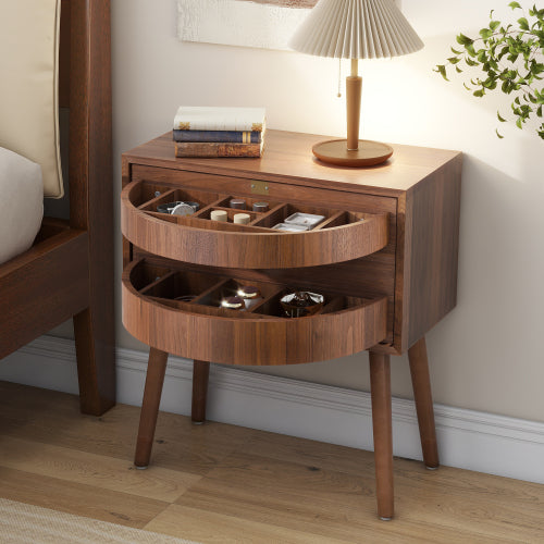 Rattan Nightstand with Hidden Storage Compartment, Mid Century Modern Bedside Table with Wood Legs, Walnut End Table