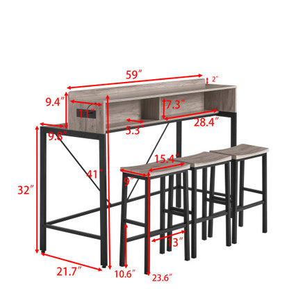4-Piece 59inch  Bar Table Set with LED & Outlet, MDF Table & 3 Saddle Stools