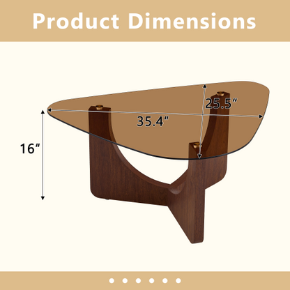 Triangular Tea-Colored Tempered Glass Coffee Table, Walnut MDF Legs