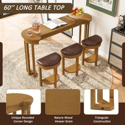 4 Piece Bar Table Set with3 PU Upholstered Bar Stools, Breakfast Table with 3 Padded Stools Solid Wood Counter Height Dining Table Set for Living Room, Dining Room. Natural