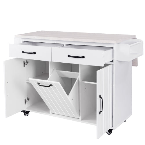 Kitchen Island Cart with Trash Storage Drop Leaf and Adjustable Shelves White