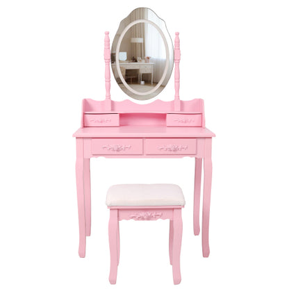 Pink Princess Vanity Desk Set with Mirror & Cushioned Stool,Light Modes,4-Drawer Wooden Makeup Vanity Table for Girls' Bedroom, Dressing Table with Ample Storage