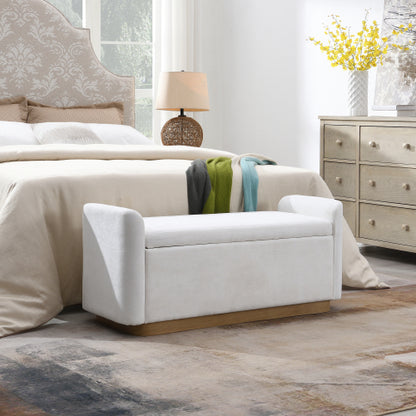 49 Inch Beige Storage Ottoman Bench, Chenille Upholstered Entry Bench with Safety Hinge, 350 LBS Capacity Wood & Gold Metal Frame