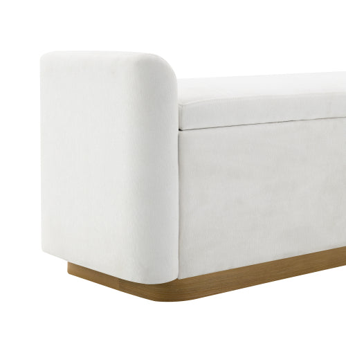 49 Inch Beige Storage Ottoman Bench, Chenille Upholstered Entry Bench with Safety Hinge, 350 LBS Capacity Wood & Gold Metal Frame