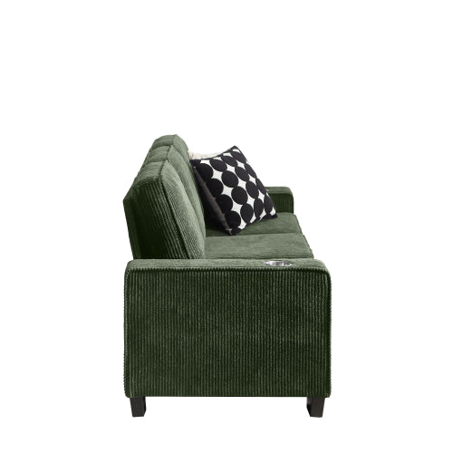 Green 83.86-Inch Modern Compressed 3-Seater Corduroy Sofa with Cup-Holders Removable-Washable Cushions