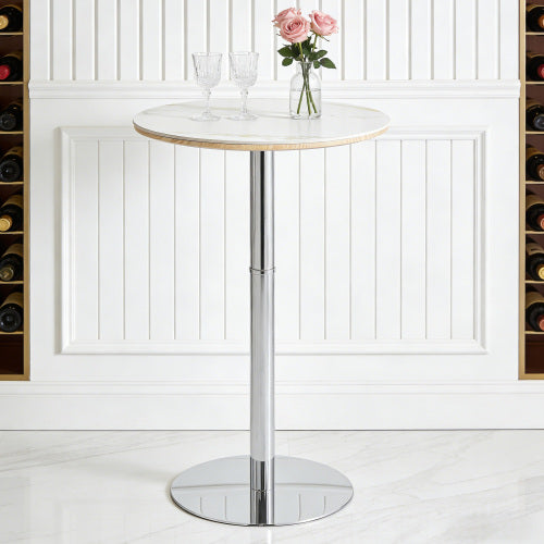 Rock slab circular tabletop non adjustable (39 inches high) bar table, bar table with silver legs and base (white)