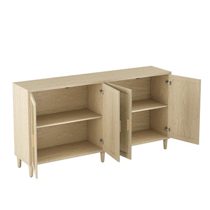 70 Inch Natural Rattan 4-Door Sideboard Adjustable Shelf Storage Cabinet With Solid Wood Legs Easy Assembly