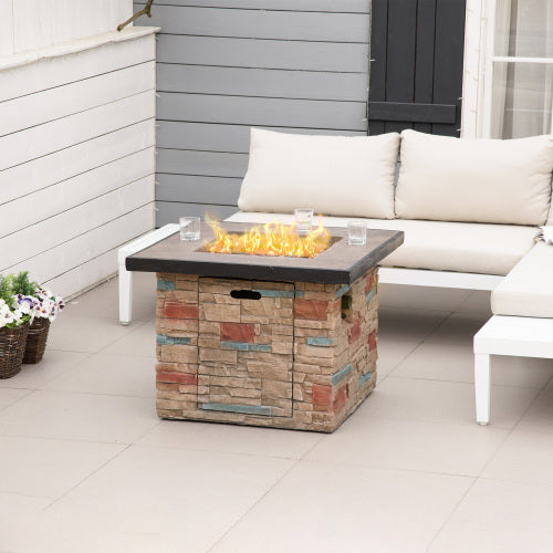 Outsunny 32 Inch Outdoor Propane Gas Fire Pit Table, 50,000 BTU Auto-Ignition Square Faux Ledge Stone Gas Firepit with Lava Rocks and Rain Cover, CSA Certification, Brown