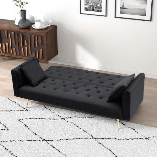 71-Inch Black Velvet Foldable Retro Double Sofa Bed for Small Spaces