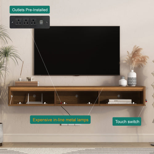 Wall Mount Floating High Gloss TV Cabinet with LED Lights & Power Outlet for Living Room