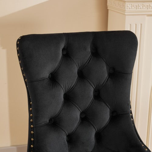 Set of 2 Black Velvet Mid-Century Dining Chairs, Lion Head Pull Ring Golden Solid Wood Legs 280lbs Capacity