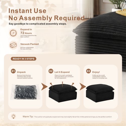 Black Modular Vacuum Compression Square Ottoman, Upholstered No-Assembly Footrest for Sectional Sofa