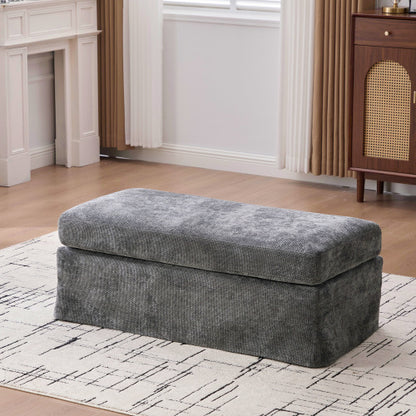 46 inch Charcoal Chenille Upholstered Ottoman with Black Metal Legs, 500 LBS Multiuse Footrest for Living Room Office
