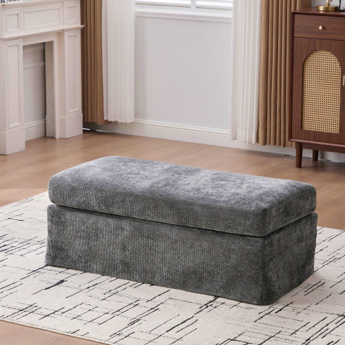 46 inch Charcoal Chenille Upholstered Ottoman with Black Metal Legs, 500 LBS Multiuse Footrest for Living Room Office