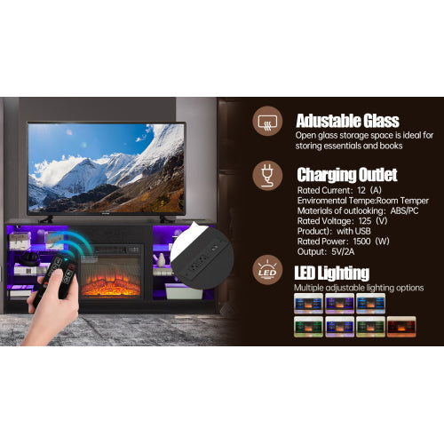 58 Inch Black Electric Fireplace TV Stand 3D LED Flame Media Console with Built-In Charging Station for 65 Inch TV