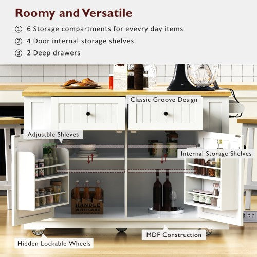 48inch Kitchen Island with 2 Bar Stools, Power Outlet, Door Internal Storage Rack, Kitchen Storage Cart on 5 Wheels with Drop Leaf, 5 Side Racks, 2 Drawers,White