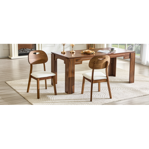Set of 2 Walnut Solid Wood Dining Chairs, Curved Hollow Back with White PU Cushion