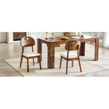 Set of 2 Walnut Solid Wood Dining Chairs, Curved Hollow Back with White PU Cushion