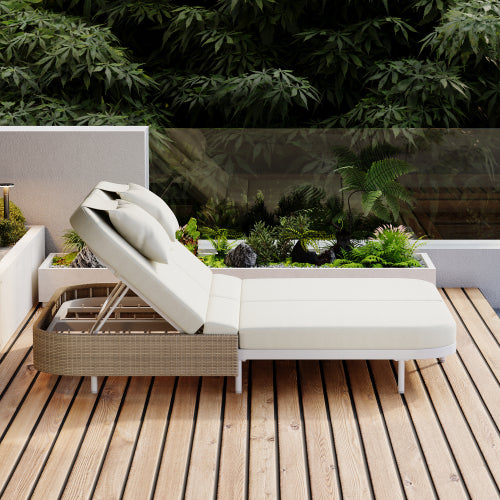 TREXM Outdoor Daybed, Patio Rattan Daybed with 5-Position Adjustable Backrest and Removable Cushions&Pillows, Iron Frame Outdoor Bed Loveseat for Garden, Backyard, Poolside (White Frame+Beige Cushion)