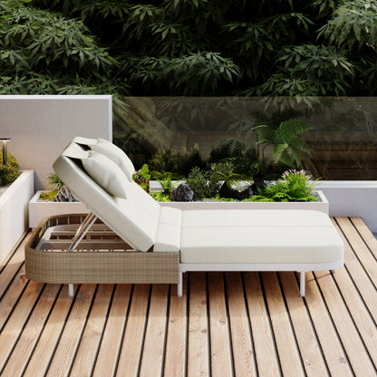 TREXM Outdoor Daybed, Patio Rattan Daybed with 5-Position Adjustable Backrest and Removable Cushions&Pillows, Iron Frame Outdoor Bed Loveseat for Garden, Backyard, Poolside (White Frame+Beige Cushion)