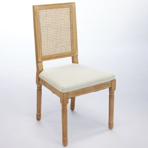 Set of 2 Beige French Louis Square Rattan Back Carved Solid Wood Dining Chairs, Antique Finish 300 LBS Weight Limit