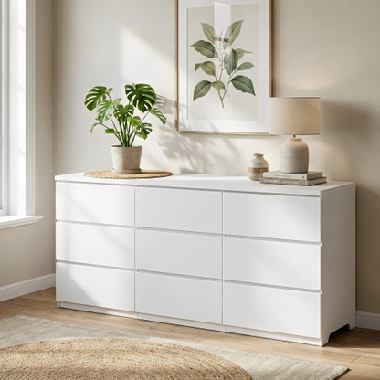 9 Drawer Dresser with No Handle Design, Modern White Matte Wood Dresser for Bedroom, Storage Chest of Drawers for Living Room, Hallway, Entryway