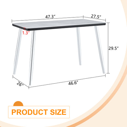 47.3 Inch Marble Tempered Glass Dining Table with Silver Tapered Metal Legs