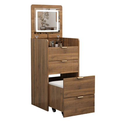 Walnut 3?in?1 Flip?Top Vanity Desk with Rolling Stool, LED Lights & Fluted Drawer
