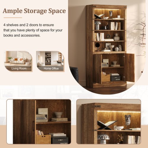 83.4 Inch Tall Walnut Farmhouse Bookshelf with LED Light & Adjustable Shelves Closed Storage Cabinet