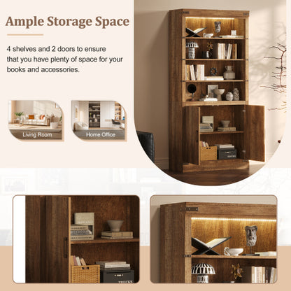 83.4 Inch Tall Walnut Farmhouse Bookshelf with LED Light & Adjustable Shelves Closed Storage Cabinet