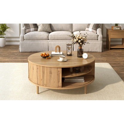 Round Lift Top Coffee Table Storage Sliding Door Pine Wood Legs Modern Wave Grain