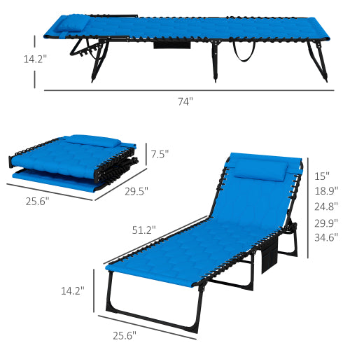 Outsunny Folding Chaise Lounge Set with 5-level Reclining Back, Outdoor Lounge Tanning Chair with Padded Seat, Side Pocket & Headrest for Beach, Yard, Patio, Blue