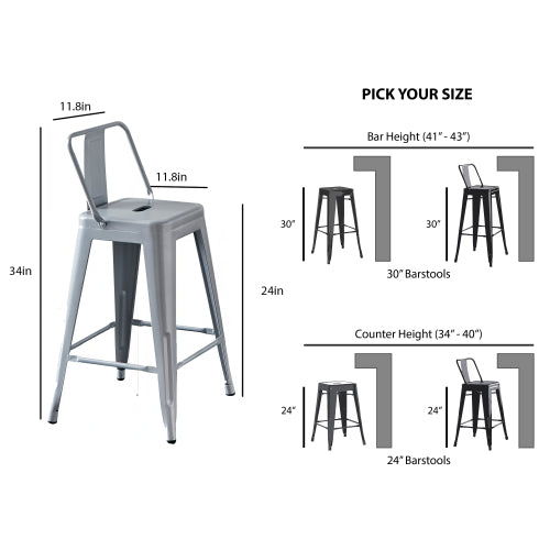 Modern Light Weight Industrial Contemporary Rustic Vintage Costal Metal Barstools with Bucket Back and 4 Leg Design, Seat Bar Stools (Set of 2) (24" Seat, Distressed White)