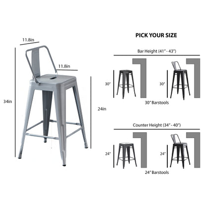 Modern Light Weight Industrial Contemporary Rustic Vintage Costal Metal Barstools with Bucket Back and 4 Leg Design, Seat Bar Stools (Set of 2) (24" Seat, Distressed White)