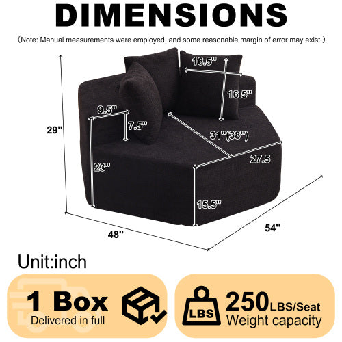 54 inch  Hexagonal Modular Chenille Lounge Chair, Compressed Shipping, 3 Pillows