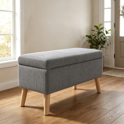 32 inch Olive Grey Corduroy Flip-Top Storage Ottoman Bench, Wooden Leg Upholstered Entryway & Bedroom Footrest