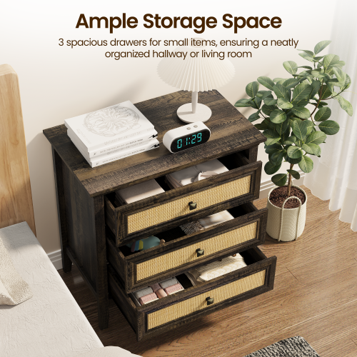 Dark Rustic Oak 3-Drawer Rattan Farmhouse Dresser Nightstand