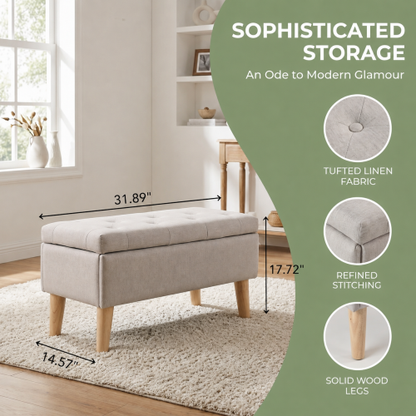 32 inch Wide Square Storage Ottoman Bench with Built-in Tray, Upholstered Footrest, Versatile End of Bed Bench for Bedroom & Entryway