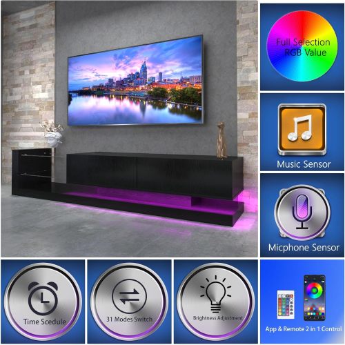 70 Inch Black Modern LED TV Stand Built-In Power Strip Tempered Glass Media Console for 75 Inch TV