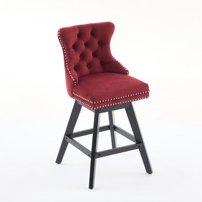 Swivel Velvet Barstools with Button Tufted Decoration and Wooden Legs, and Chrome Nailhead Trim, Leisure Style Bar Chairs,Bar stools, Set of 2 (Wine Red)