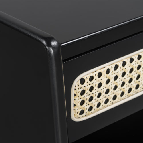 Black Nightstand with Rattan Detail, MDF + Solid Wood, Modern Bedroom Storage, Open Shelf & Drawer, Indoor Furniture