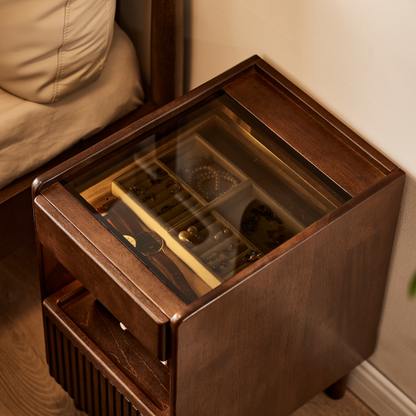 Solid Wood Nightstand with Drawer and Open Shelves, Bedside Storage Table