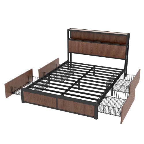 Large raised-pattern storage bed frame, wooden platform bed frame with multiple drawer storage function, bedside socket, brown wood (Queen)