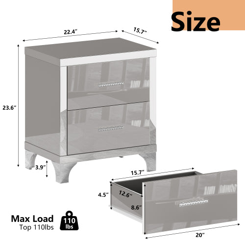 High Gloss Mirrored Nightstand with 2 Drawers,Modern End Table with Drawers,Mirrored High Gloss Wood Nightstand Metal Handle Bedside End Table for Bedroom, Dorm,Living Room,Grey