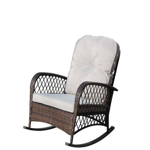 Outdoor Wicker Rocking Chair with Wide Seat, Thick, Soft Cushion, Rattan Rocker w/Steel Frame, High Weight Capacity for Patio, Garden, Backyard, Grey Cushion