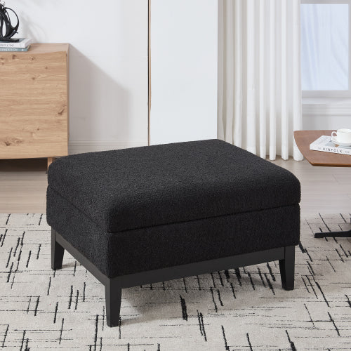 33.86 inch Black Boucle Square Storage Ottoman, Reversible Tray Lid Rubberwood Leg Footstool, 300 LBS
