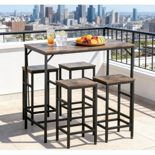 5-Piece Rustic Brown & Black Dining Set, Wood & Steel Counter Height Table with 4 Space-Saving Stools