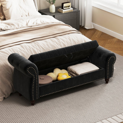 64.5inch  Bed Bench for Bed Room Nails Tufted Chaise of Lounge with Storage Velvet Upholstery Black