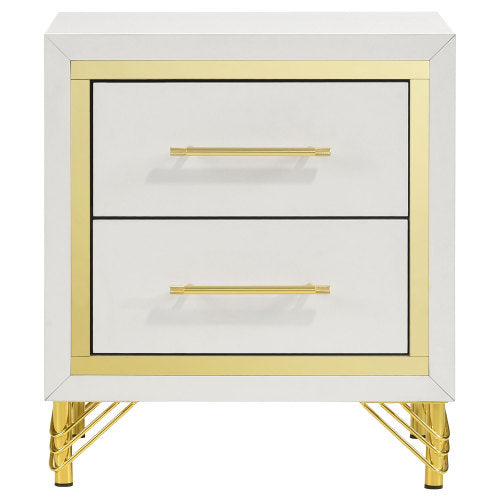 White 2-Drawer Nightstand with Gold Trim, MDF & Melamine