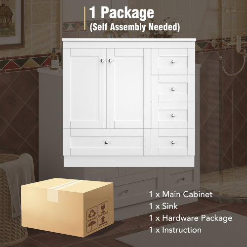 36 inch Shaker Style Free-Standing Bathroom Vanity Cabinet with Ceramic Sink, 4 Soft-close Drawers and 2 Soft-close doors